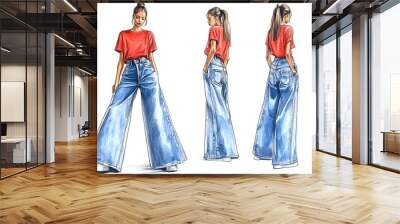 A girl wearing blue wide-leg jeans and a red T-shirt, fashion illustration sketch Wall mural