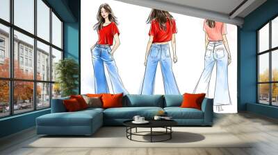 A girl wearing blue wide-leg jeans and a red T-shirt, fashion illustration sketch Wall mural