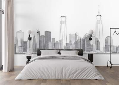 Black and white vector illustration of the New York City skyline, on a white background, with a minimalistic design featuring clean lines and a simple drawing style Wall mural