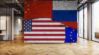 Concept of the Great Power Competition with Flags of the United States, Russia, China and the European Union painted on a cracked wall Wall mural