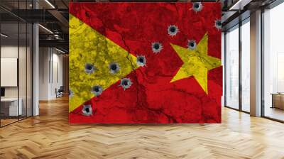 Concept of the violent Conflict in Region of Tigray in Ethiopia with a painted flag on a cracked wall with wholes of bullets. 3D-Illustration. 3D-rendering Wall mural