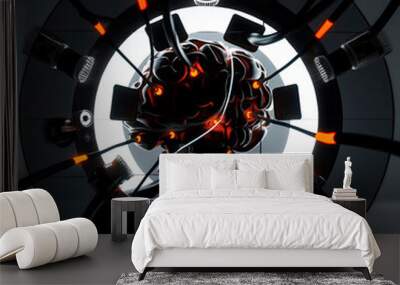 Futuristic Tech Aesthetics: Modern Architecture, Digital Innovation, and Minimalist Design in a High-Tech Environment Featuring Abstract Geometric Forms and Dark Neon Lighting Wall mural