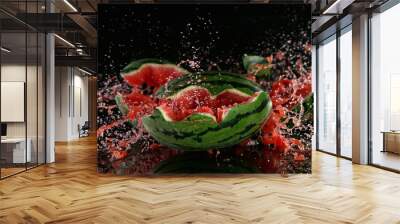 A ripe watermelon falls to the floor and smashes to pieces.. Freeze motion. Wall mural