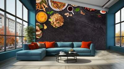 Asian food background with various ingredients on rustic stone background , top view. Vietnam and Thai cuisine. Wall mural