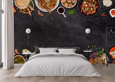 Asian food background with various ingredients on rustic stone background , top view. Vietnam or Thai cuisine. Wall mural