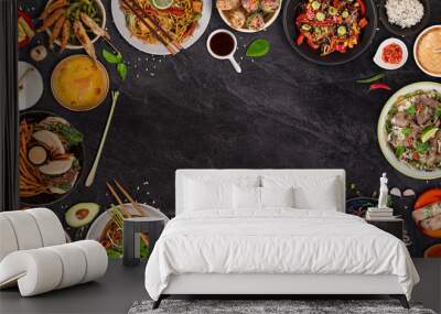 Asian food background with various ingredients on rustic stone background , top view. Wall mural