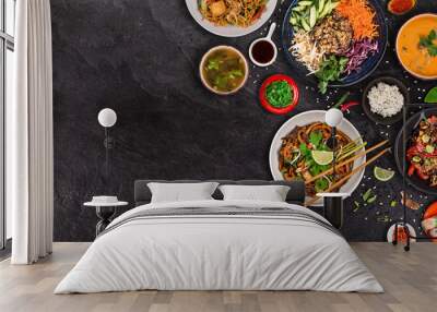 Asian food background with various ingredients on rustic stone background , top view. Wall mural