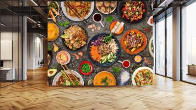 Asian food background with various ingredients on rustic stone background , top view. Wall mural