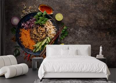 Bun bo nam bo asian food background with various ingredients on rustic stone background , top view. Vietnam or Thai cuisine. Wall mural