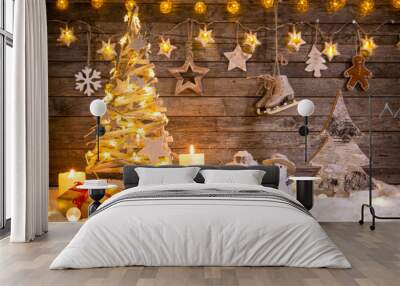 Christmas decoration on wooden background Wall mural