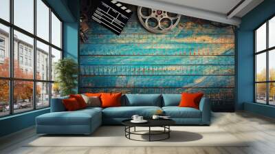 Cinema concept of vintage film reels, clapperboard and projector. Wall mural