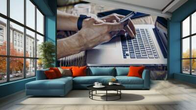 Close up of business man hand working on laptop. Wall mural