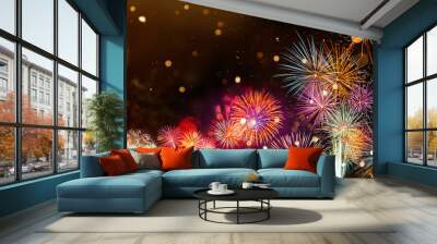 Colorful firework with bokeh background. New Year celebration, Abstract holiday background Wall mural