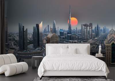 Dubai skyline during sunrise, United Arab Emirates. Wall mural