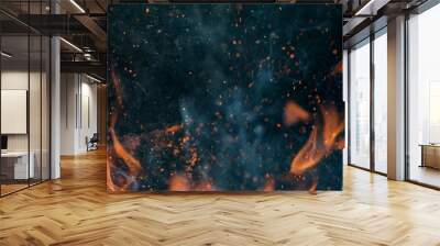 fire flames with sparks on a black background, close-up Wall mural