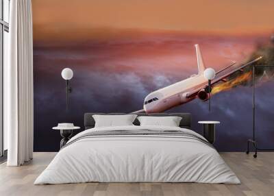 flying aircraft with exploding aero engine just before air crash Wall mural