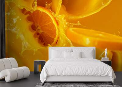 Freeze motion of pouring orange juice and falling orange slices. Wall mural