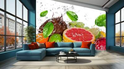 Fresh fruits with water splash isolated on white Wall mural