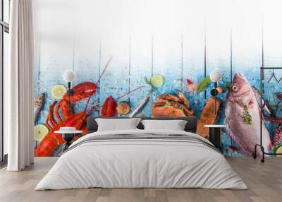 Fresh tasty seafood served on old wooden table. Wall mural