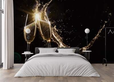 Glasses of champagne levitating in the air, celebration theme. Wall mural