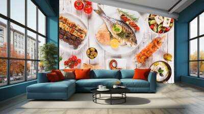 Greek food background. Traditional different greek dishes , top view. Wall mural