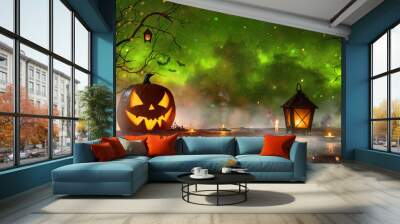 Halloween pumpkins on dark spooky forest with blue fog in background. Wall mural