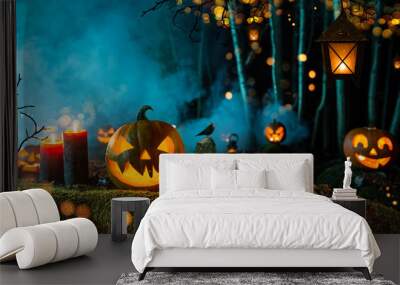 Halloween pumpkins on dark spooky forest. Wall mural