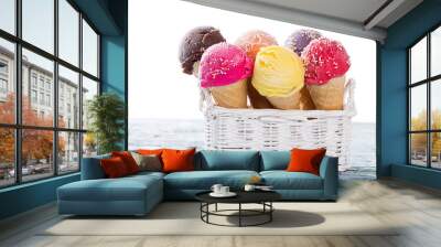 Ice cream scoops on wooden table. Wall mural