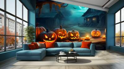 Jack O’ Lanterns Glowing At Moonlight In The Spooky Night - Halloween Scene Wall mural