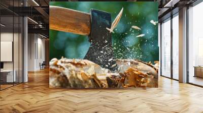 Man Chopping Wooden Logs with Axe in Forest Wall mural