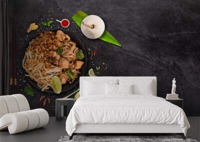 Pad thay asian food background with various ingredients on rustic stone background , top view. Wall mural