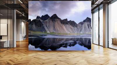 Sand dunes on the Stokksnes on southeastern Icelandic coast with Vestrahorn (Batman Mountain). Iceland, Europe. Wall mural