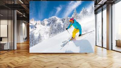 Skier skiing downhill in high mountains Wall mural