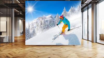 Skier skiing downhill in high mountains Wall mural