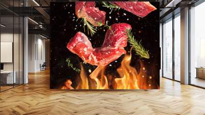 Tasty beef steaks flying above cast iron grate with fire flames. Freeze motion barbecue concept. Wall mural