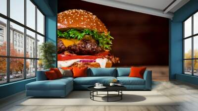 Tasty burger on wooden table. Wall mural