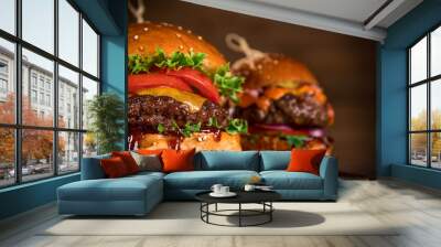 Tasty burgers on wooden table. Wall mural