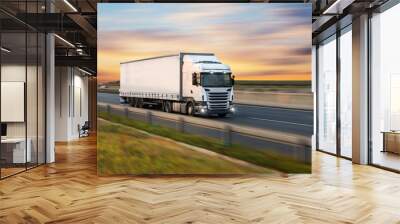 Truck with container on highway, cargo transportation concept. Shaving effect. Wall mural