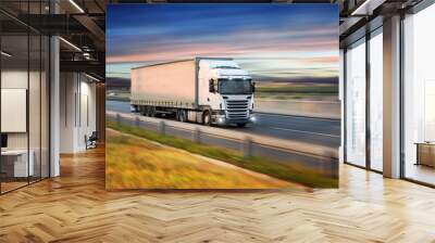 Truck with container on highway, cargo transportation concept. Shaving effect. Wall mural