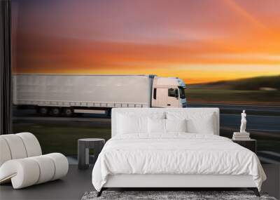 Truck with container on road, cargo transportation concept. Wall mural