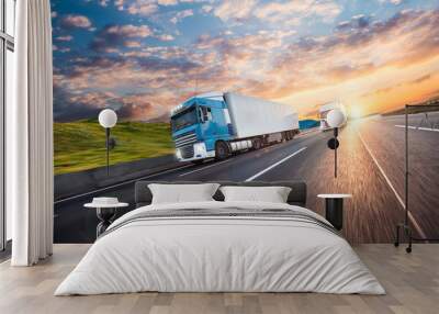 Truck with container on road, cargo transportation concept. Wall mural