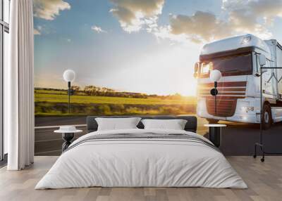 Truck with container on road, cargo transportation concept. Wall mural