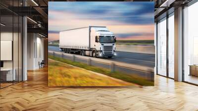 Truck with container on road, cargo transportation concept. Wall mural