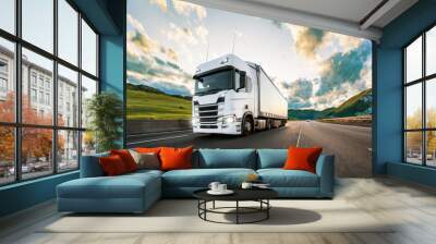 Truck with container on road, cargo transportation concept. Wall mural