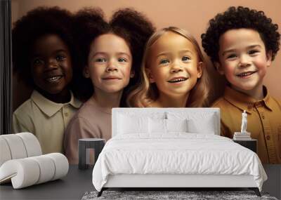 A group of smiling children of different skin tones and nationalities, pastel colors with a predominance of orange. Generative ai Wall mural