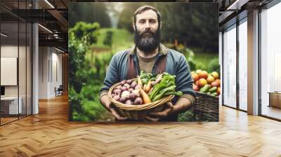 A man, a gardener holding and showing his organic vegetable and fruit crops. The concept of healthy eating and self-growing healthy food. Generative ai Wall mural