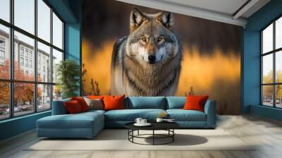 Portrait of a wild gray wolf in a natural forest habitat, generative ai Wall mural