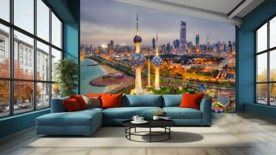 Kuwait Tower City Skyline glowing at night, taken in Kuwait in December 2018 taken in hdr Wall mural