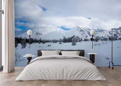 Snow covered mountain peaks in Zakopane and in Poland cover with fresh snow on a sunny day Wall mural