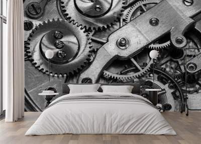 Old Clock Watch Mechanism with gears - close-up, black and white Wall mural